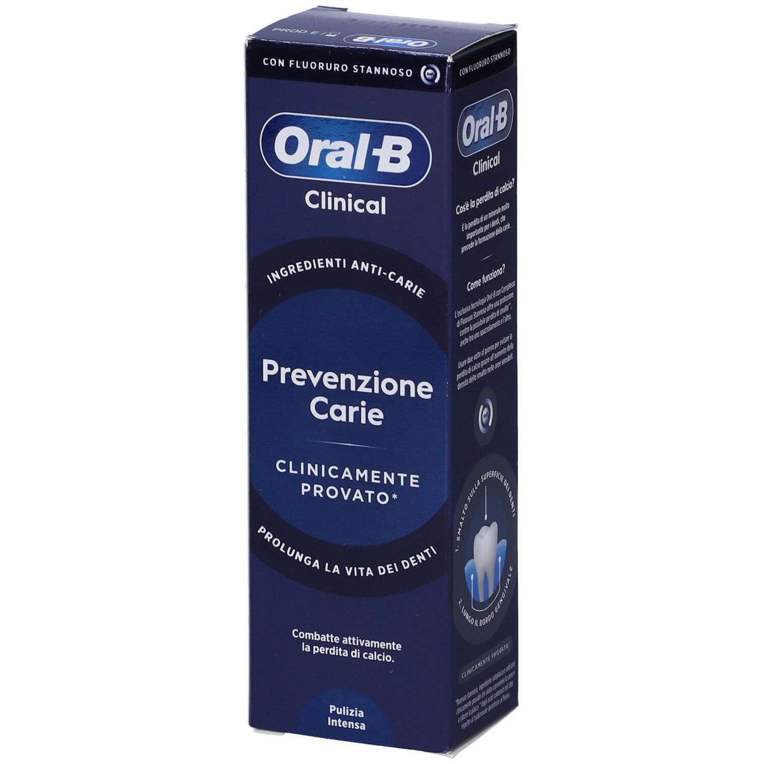 Confezione dentifricio Oral-B Clinical Prevenzione Carie. Scatola blu con vista prodotto. Testo: Ingredienti anti-carie.