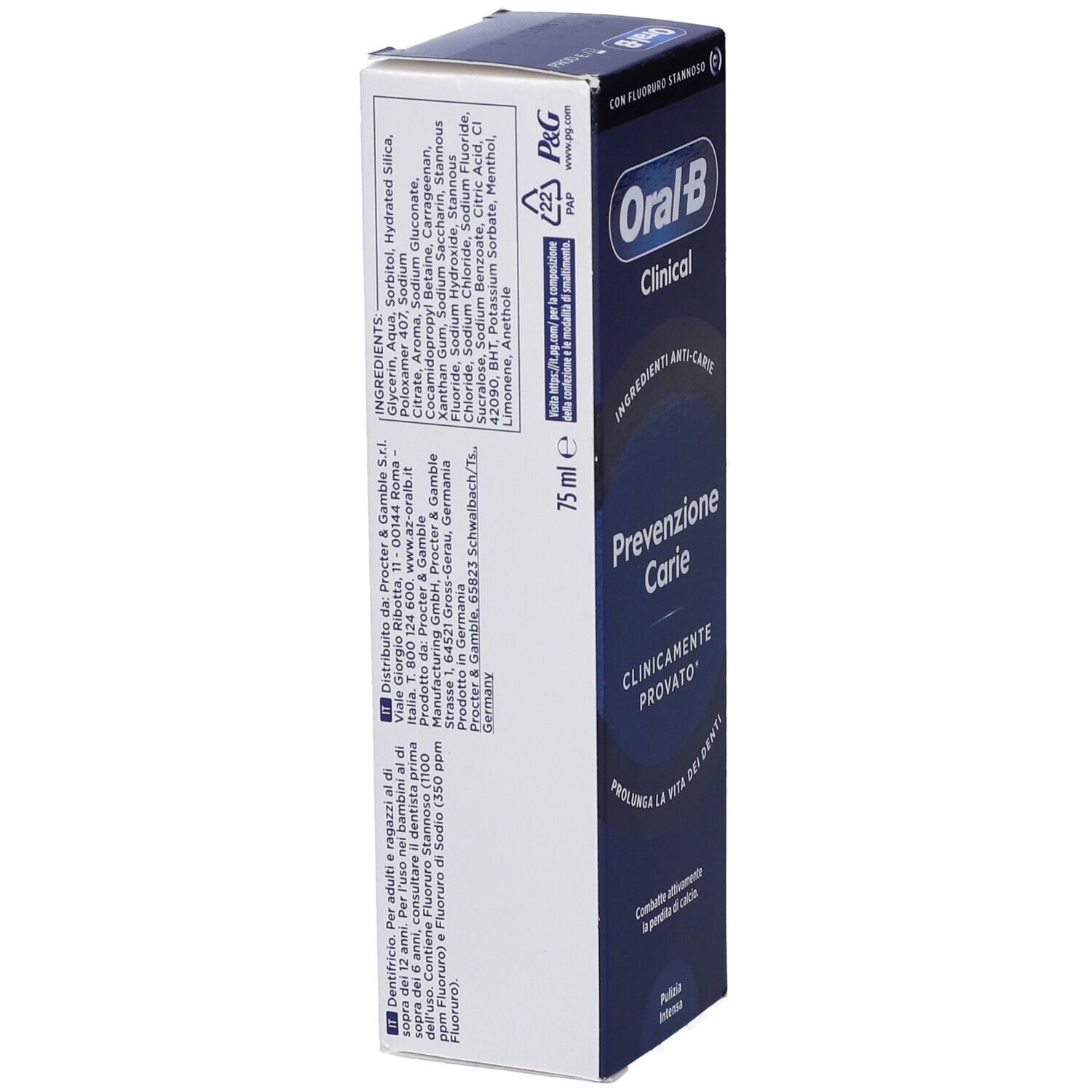Confezione dentifricio Oral-B Clinical Prevenzione Carie. Scatola blu con informazioni sul prodotto. Testo: 75 ml.