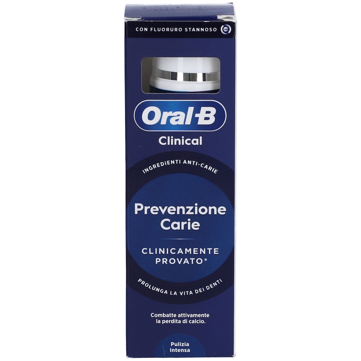 Confezione dentifricio Oral-B Clinical Prevenzione Carie. Scatola blu con vista prodotto. Testo: Ingredienti anti-carie.