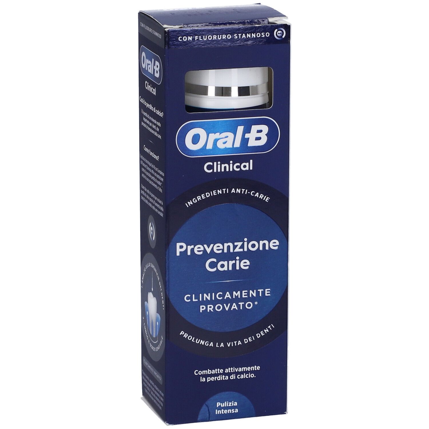 Confezione dentifricio Oral-B Clinical Prevenzione Carie. Scatola blu con vista prodotto. Testo: Clinicamente provato.