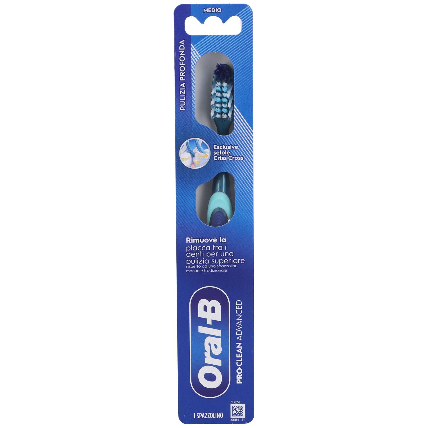 Testina per spazzolino. Confezione blu con immagine e testo del prodotto. Marchio Oral-B Pro-Clean Advanced.