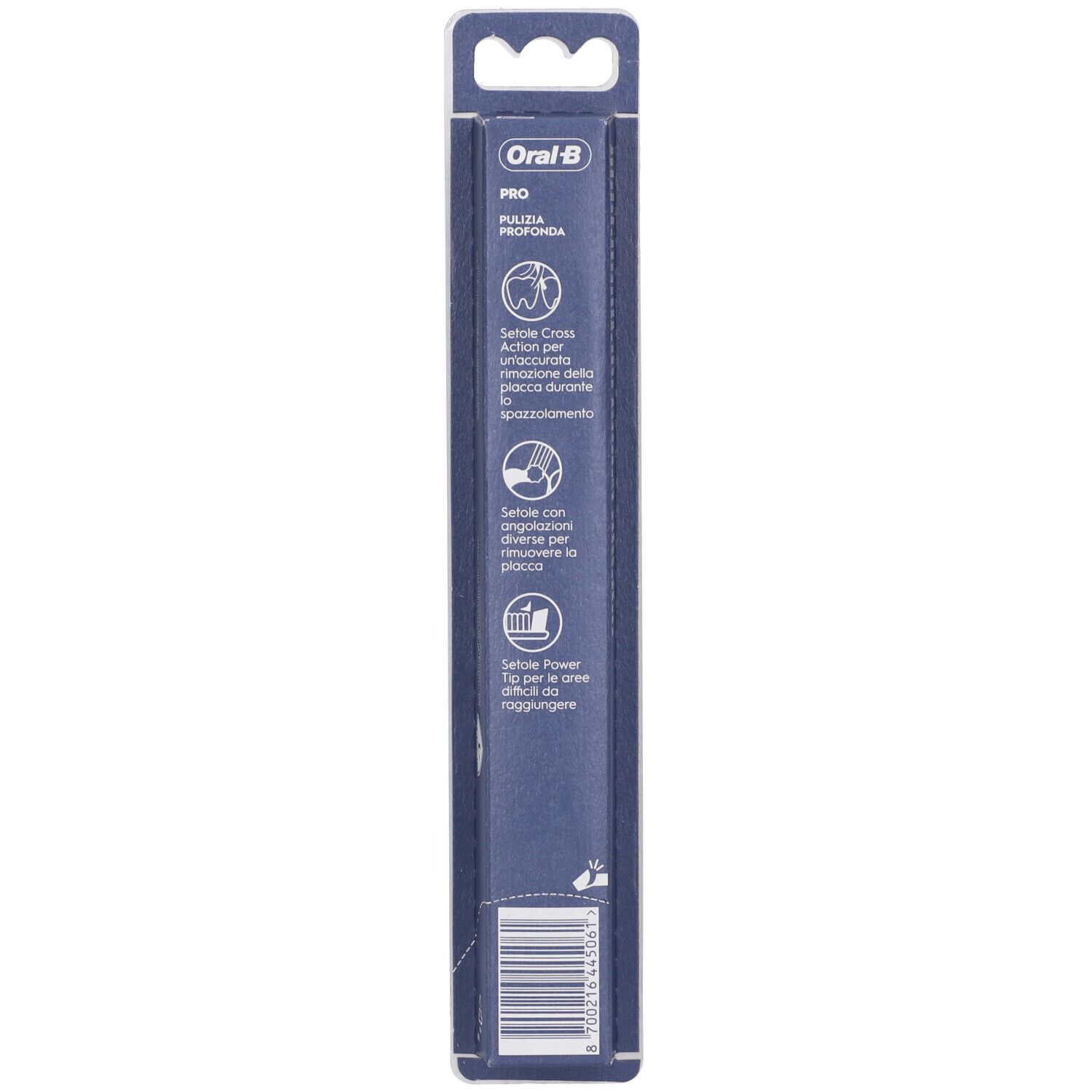 Retro della confezione. Confezione blu con testo e loghi. Marchio Oral-B Pro-Clean Advanced.