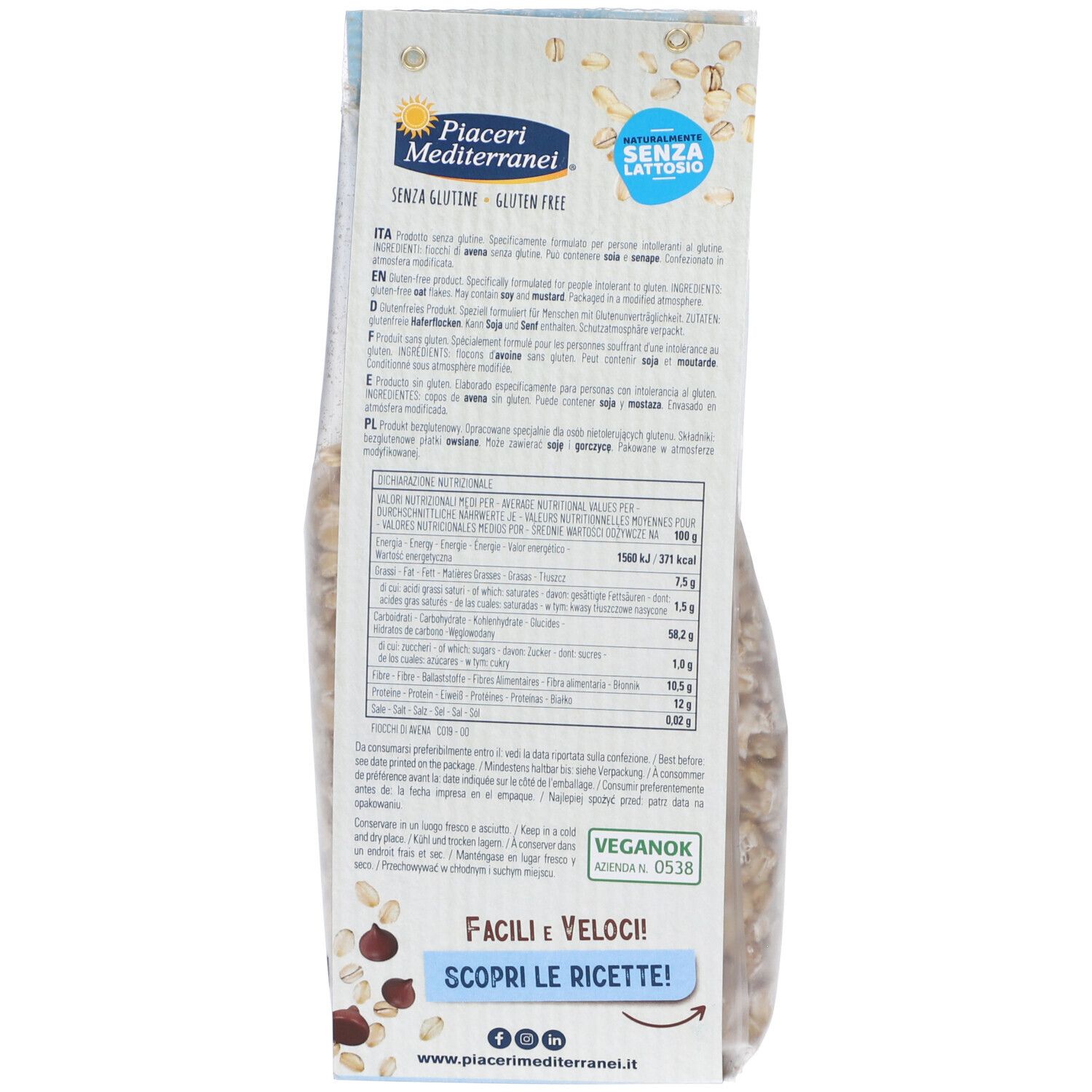Retro della confezione con informazioni nutrizionali e certificazioni per fiocchi di avena senza glutine.