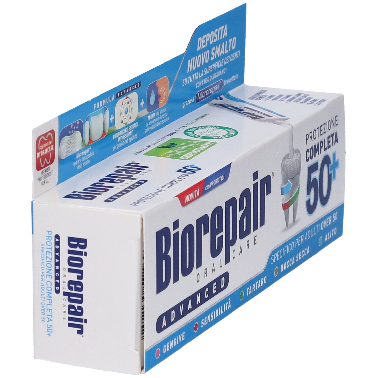 Scatola di dentifricio Biorepair Advanced. Confezione blu e bianca. Scritta: "Protezione Completa 50+". Vista angolata.