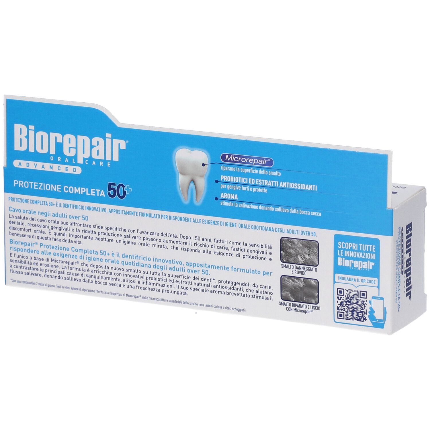 Retro della scatola di dentifricio Biorepair Advanced. Testo e codice QR. Confezione blu e bianca.