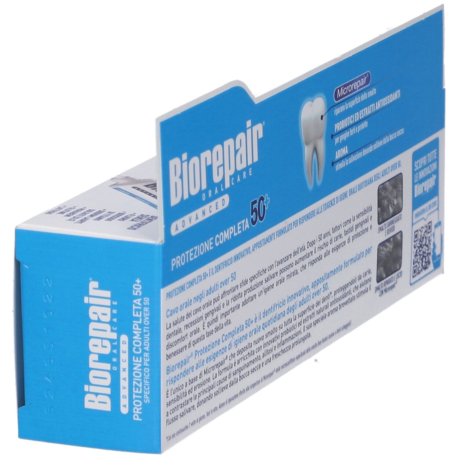 Scatola di dentifricio Biorepair Advanced. Confezione blu e bianca. Scritta: "Protezione Completa 50+". Vista angolata.