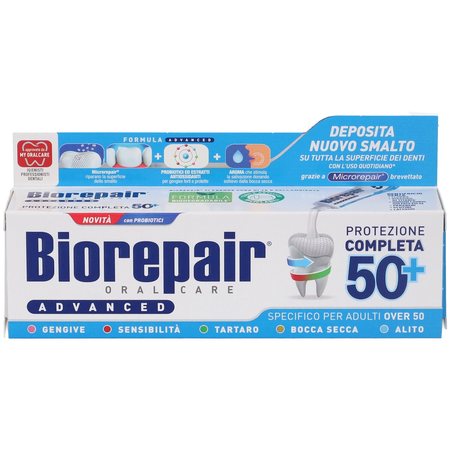 Scatola di dentifricio Biorepair Advanced. Confezione blu e bianca. Scritta: "Protezione Completa 50+". Logo e ingredienti.
