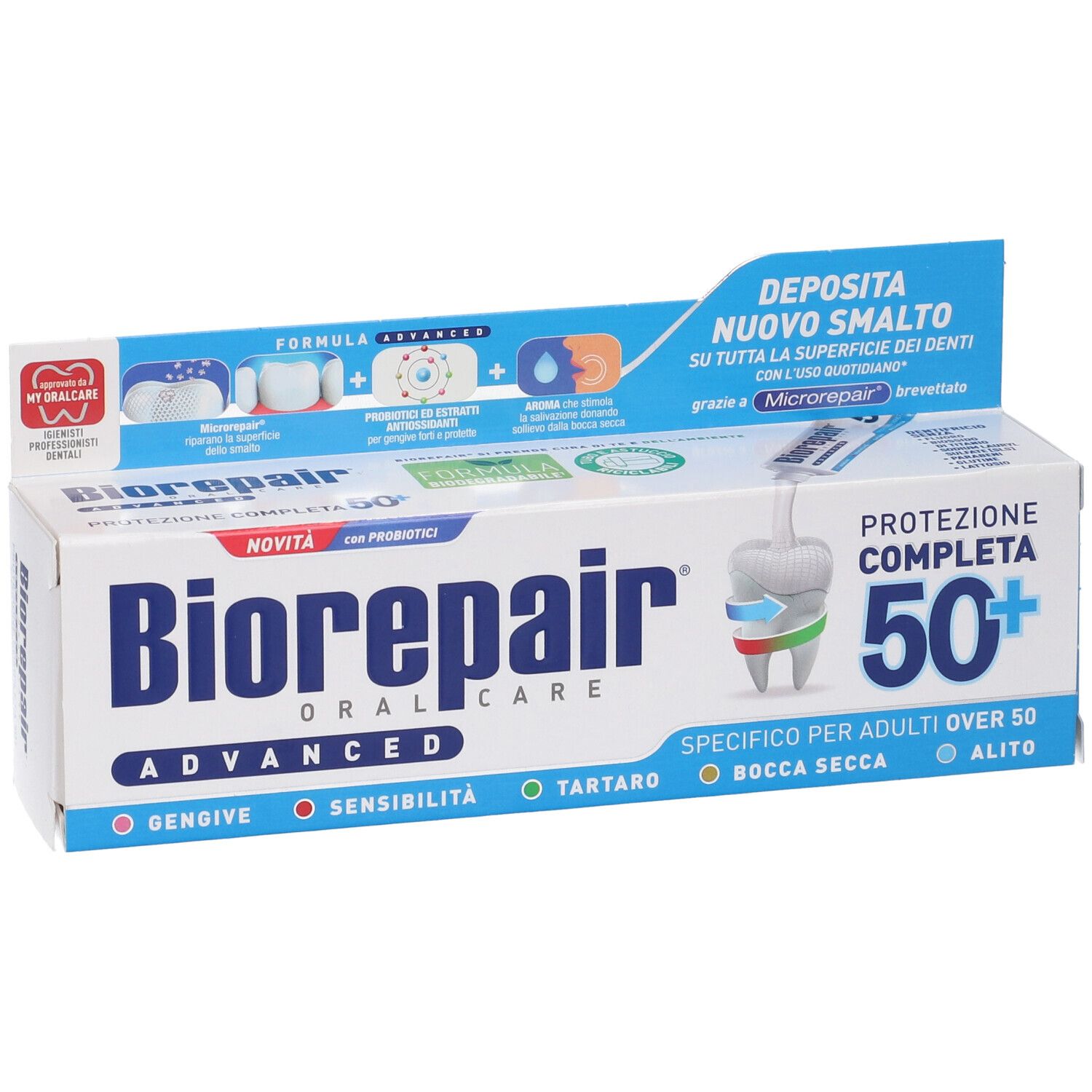 Scatola di dentifricio Biorepair Advanced. Confezione blu e bianca. Scritta: "Protezione Completa 50+". Logo e ingredienti.