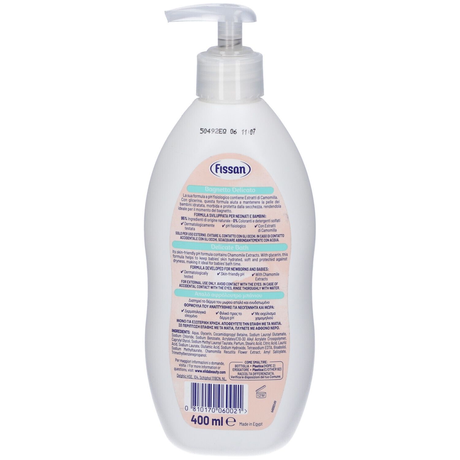 Retro del flacone. Testo: Fissan. Ingredienti e informazioni. In basso: 400 ml.