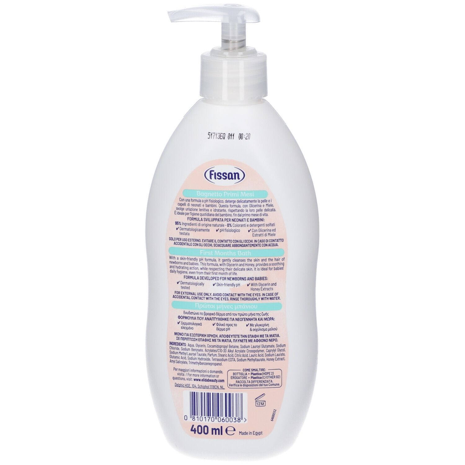 Retro di un flacone bianco con dosatore a pompa. Testo: Fissan, ingredienti, istruzioni per l'uso. Volume: 400 ml.