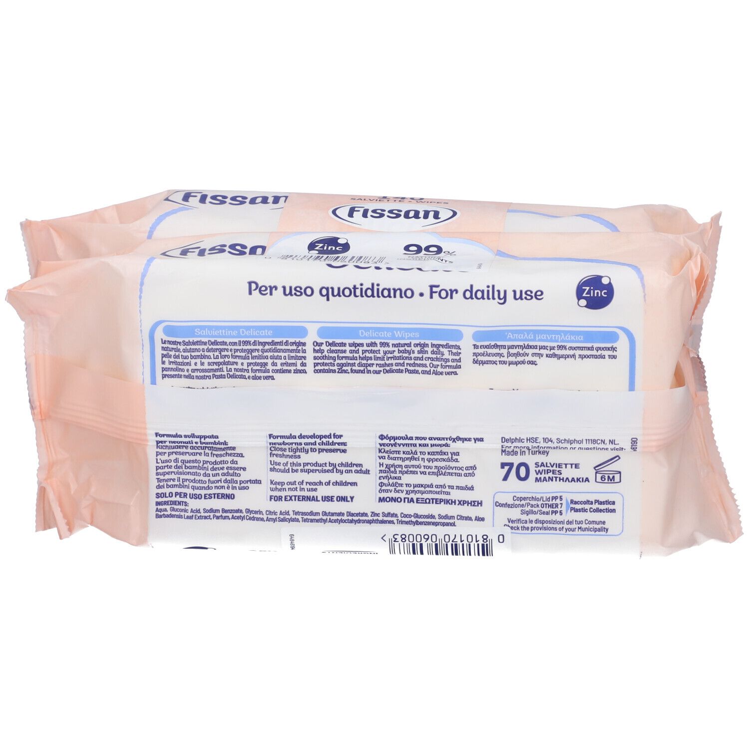Retro di due confezioni di salviettine Fissan Delicate. Confezione rosa con testo e logo. Contiene informazioni sugli ingredienti.