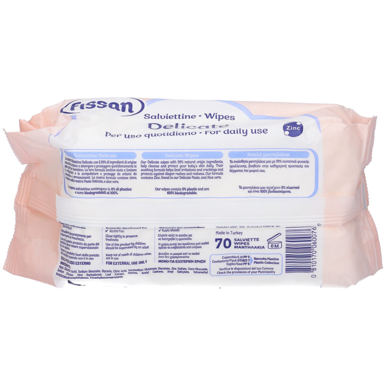 Retro della confezione rosa. Scritta: Fissan Delicate. Contiene 70 salviettine. Informazioni su ingredienti e certificazioni.
