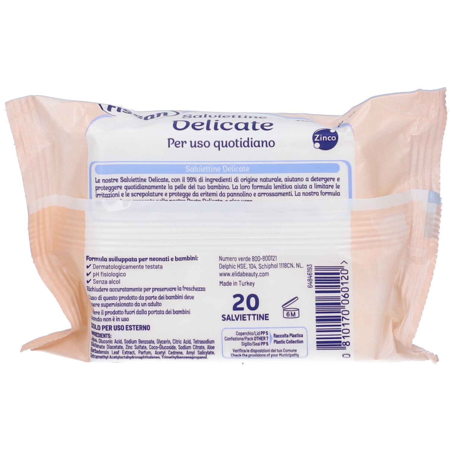 Retro della confezione di salviettine Fissan Delicate. Nome del prodotto, ingredienti e altre informazioni. 20 salviettine.