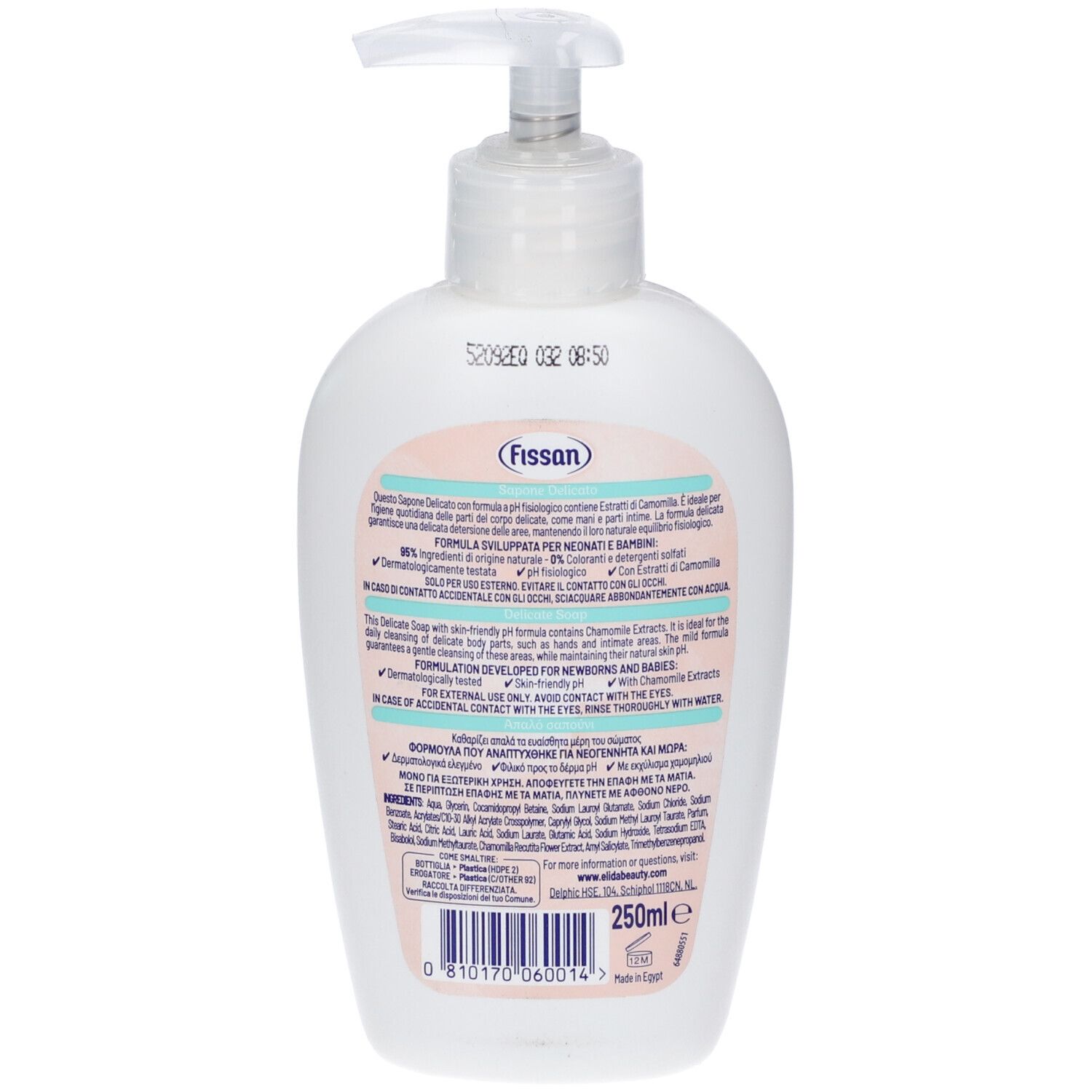 Retro di un flacone bianco con dosatore a pompa. Testo e ingredienti sull'etichetta. Marchio: Fissan. Volume: 250ml.