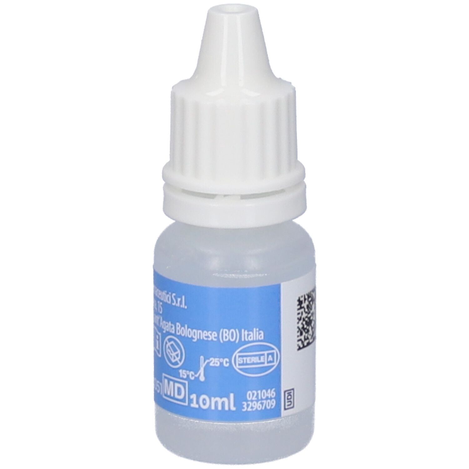 Flacone trasparente con tappo bianco. Etichetta con informazioni sul prodotto e 10ml. Per occhi affaticati.