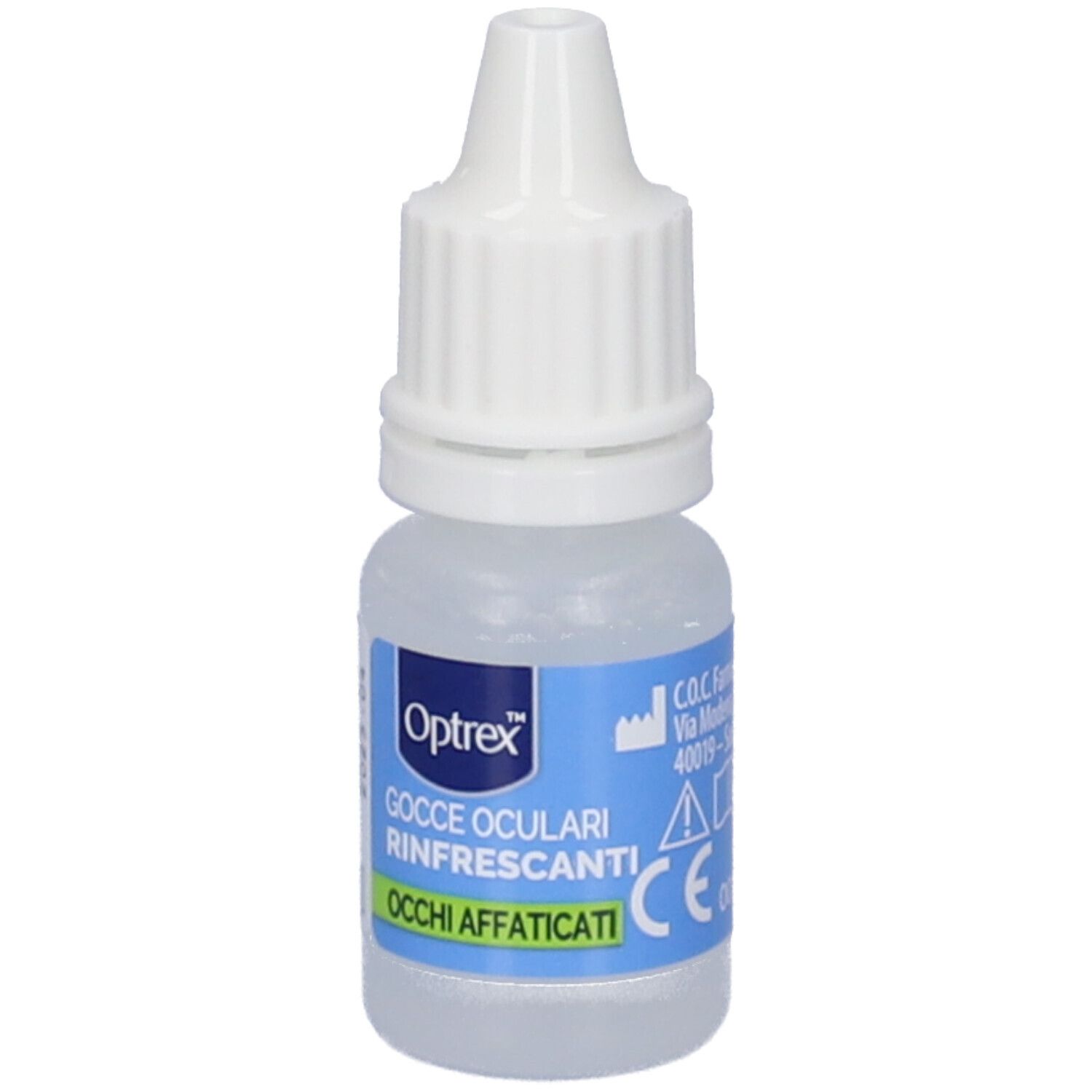 Flacone trasparente con tappo bianco. Etichetta con nome del prodotto e marchio CE. Per occhi affaticati.
