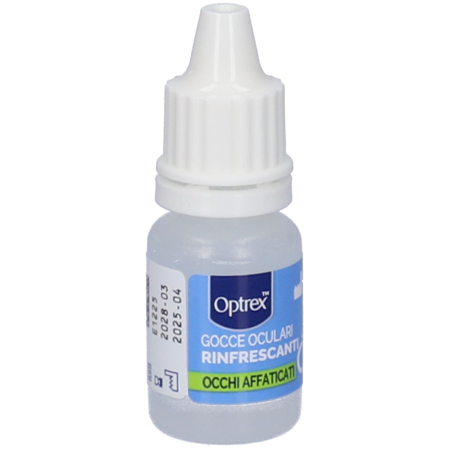 Flacone trasparente con tappo bianco. Etichetta con nome del prodotto e data di scadenza. Per occhi affaticati.