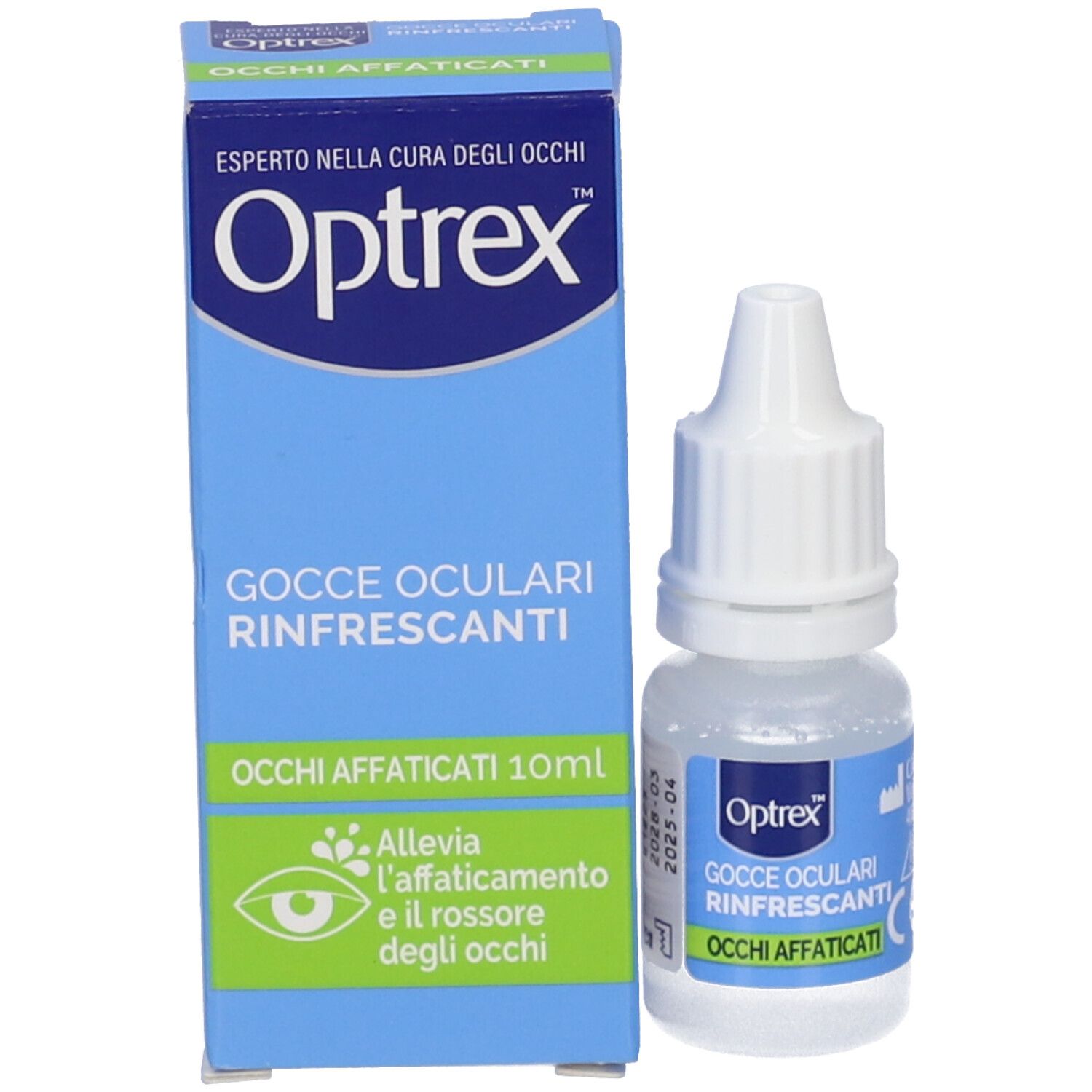 Confezione e flacone. Scatola blu con nome del prodotto e 10ml. Per occhi affaticati. Con illustrazione verde.