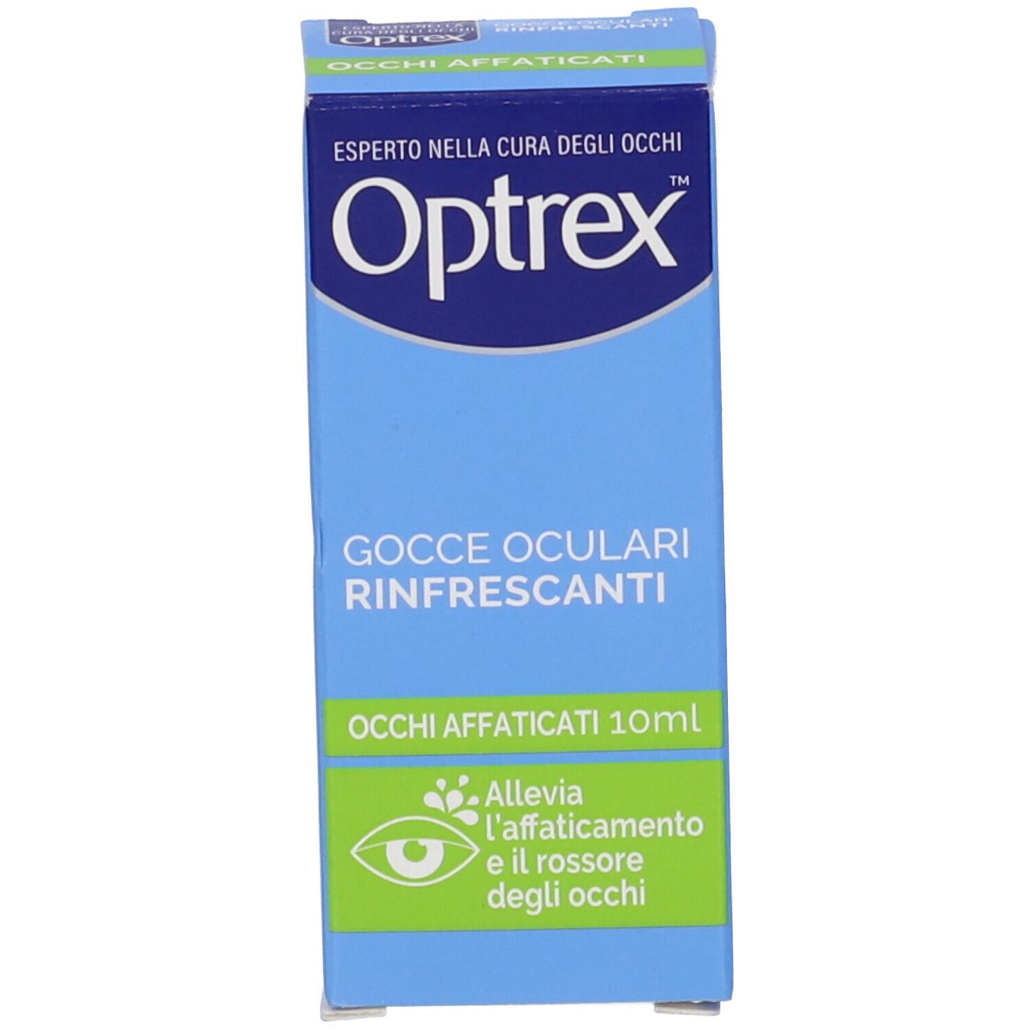 Confezione blu con nome del prodotto e 10ml. Per occhi affaticati. Con illustrazione verde.