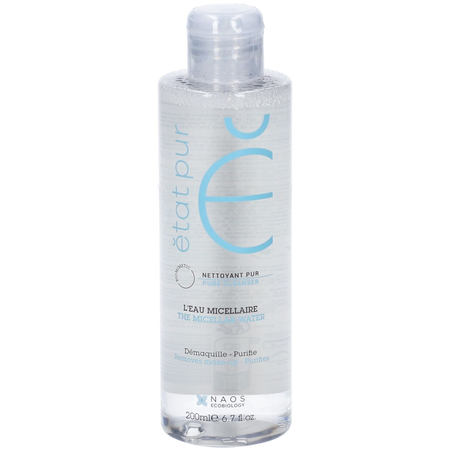 Flacone trasparente con etichetta blu. Testo: Etat Pur, L'Eau Micellaire, The Micellar Water. Tappo a ribalta.