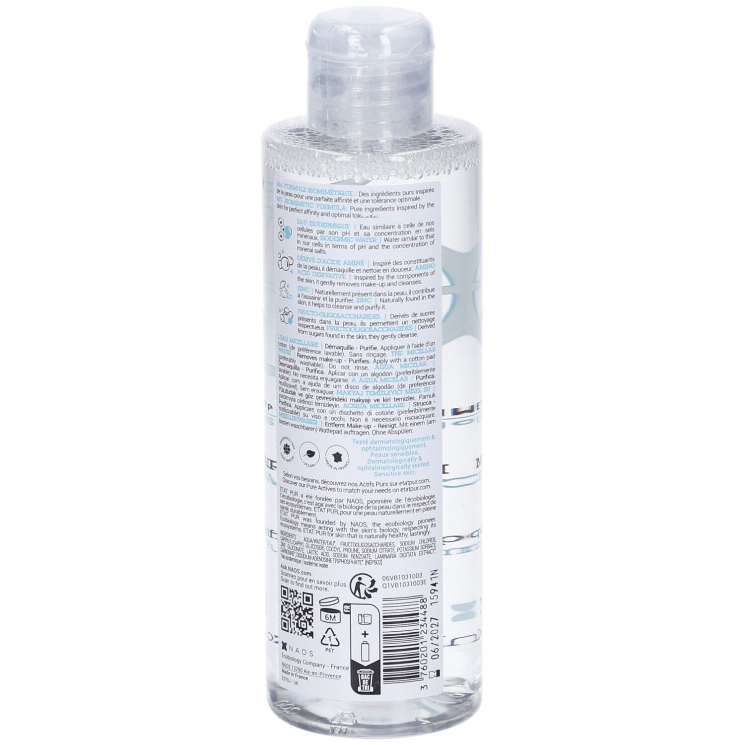 Flacone trasparente con etichetta blu. Testo: Etat Pur, L'Eau Micellaire, The Micellar Water. Tappo a ribalta. Testo sul retro.