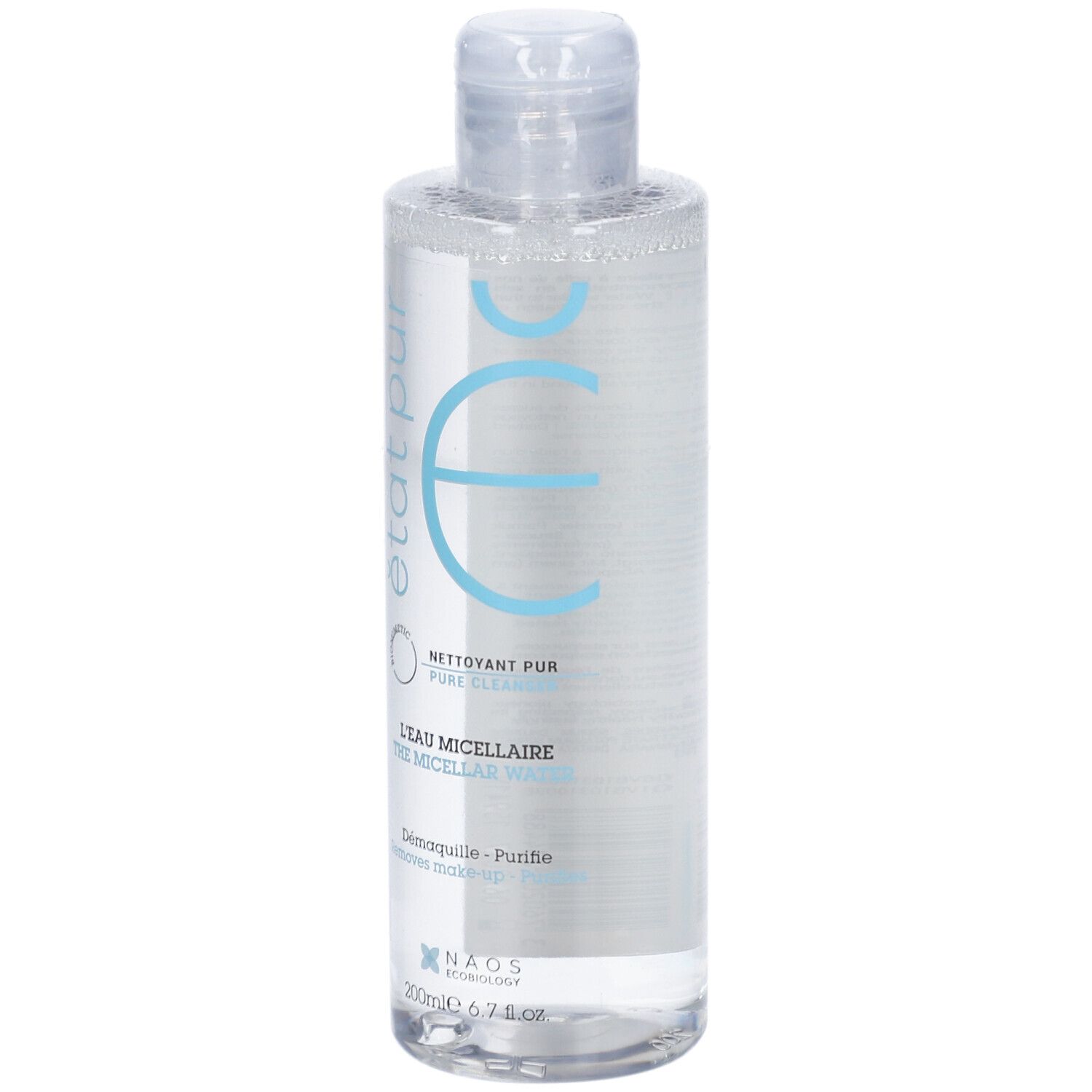 Flacone trasparente con etichetta blu. Testo: Etat Pur, L'Eau Micellaire, The Micellar Water. Tappo a ribalta.