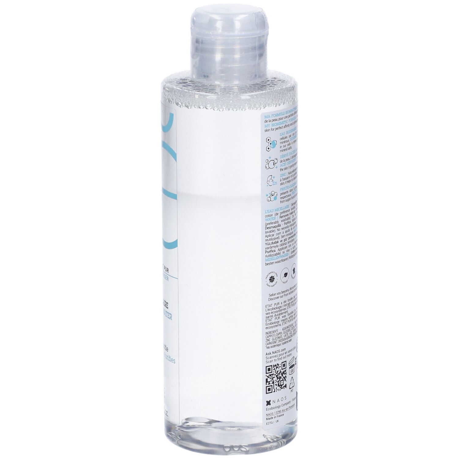 Flacone trasparente con etichetta blu. Testo: Etat Pur, L'Eau Micellaire, The Micellar Water. Tappo a ribalta. Testo sul retro.