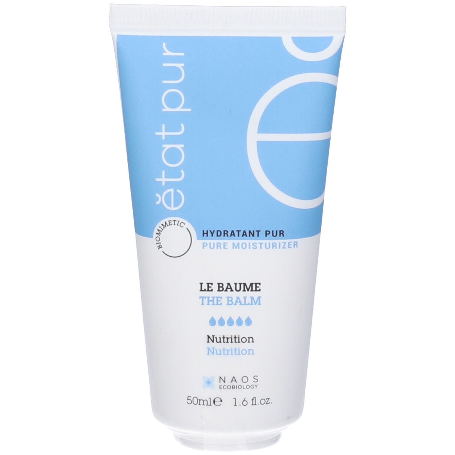 Tubo blu e bianco con testo. Contiene "Hydratant Pur" e "Le Baume The Balm".