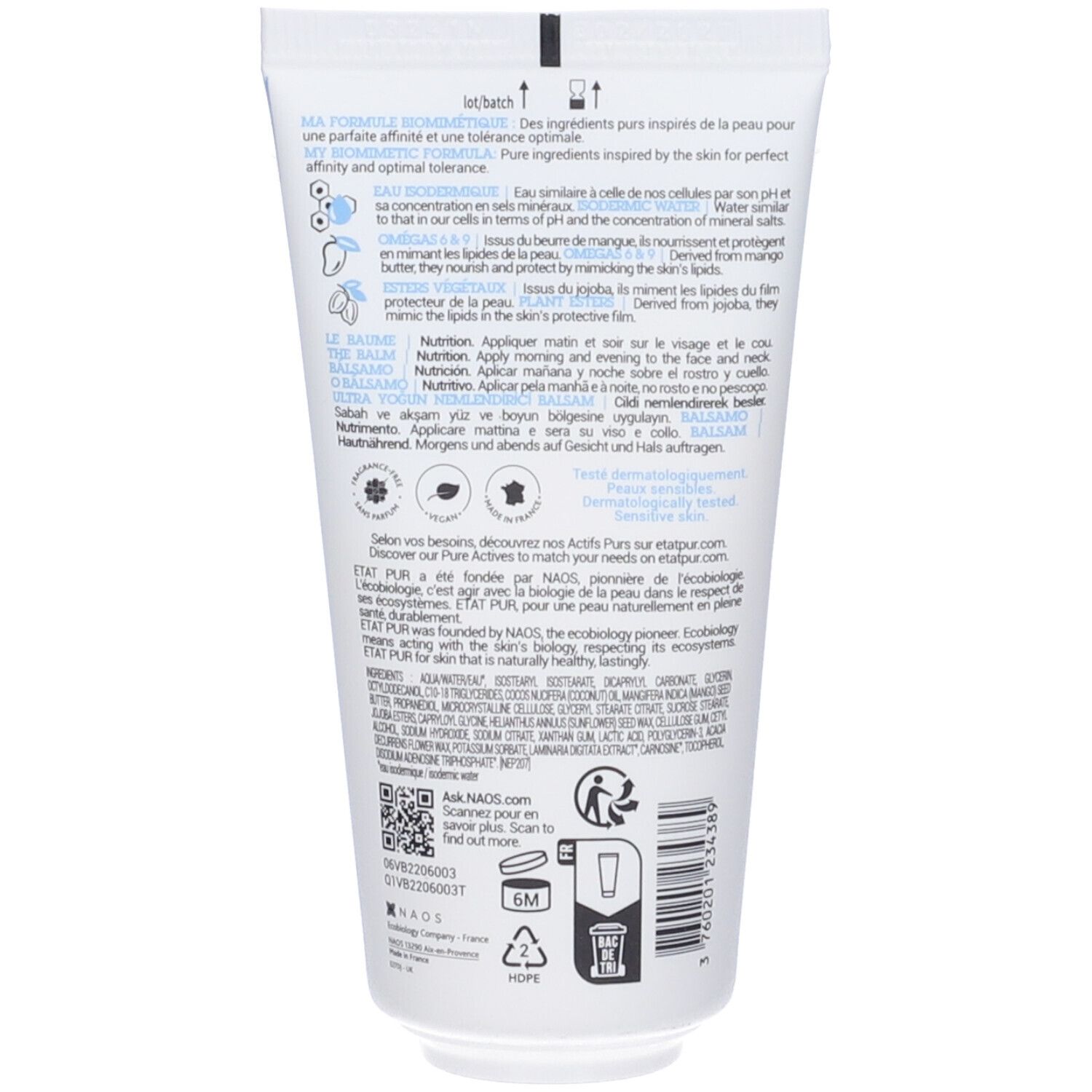 Retro di un tubo con testo. Contiene informazioni sugli ingredienti e l'uso. Con codice QR.