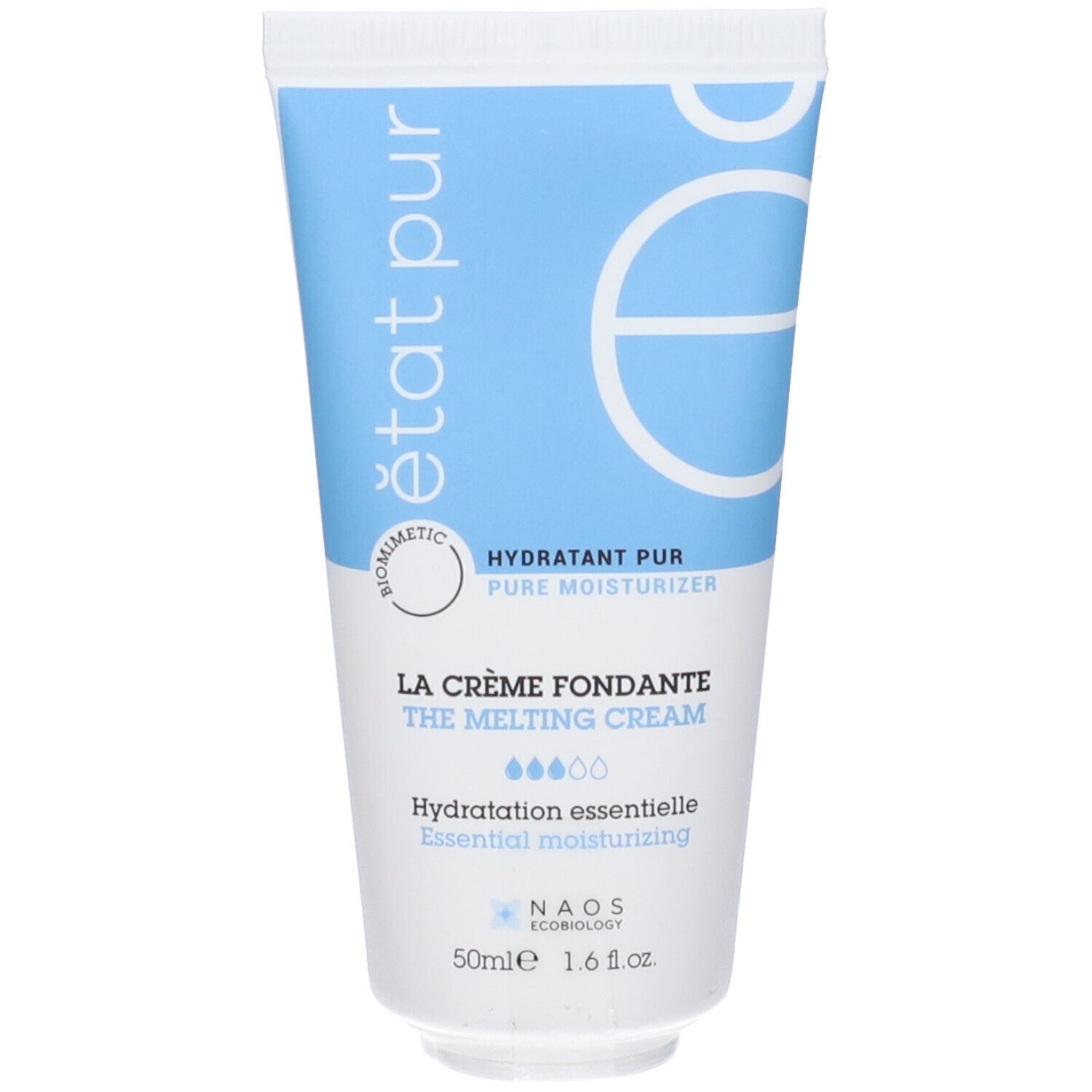 Tubo crema, blu e bianco. Testo: "état pur", "Hydratant pur", "La Crème Fondante".