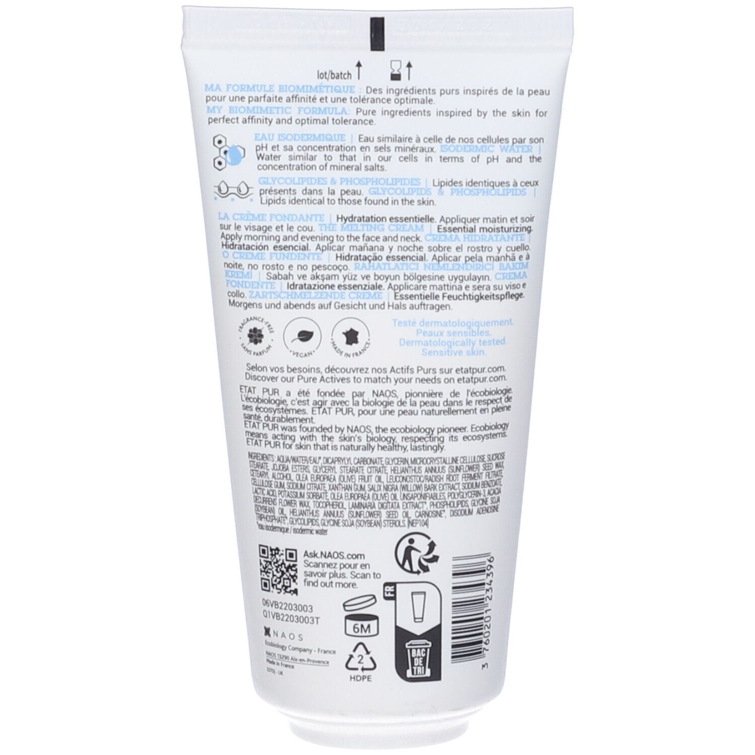 Retro del tubo crema. Testo: "état pur", ingredienti, istruzioni per l'uso, codice QR.