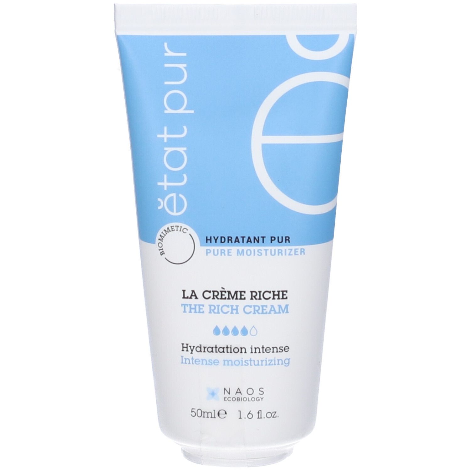 Tubo di crema blu e bianco. Visibili "état pur" e "La Crème Riche". Idratante puro. 50ml.