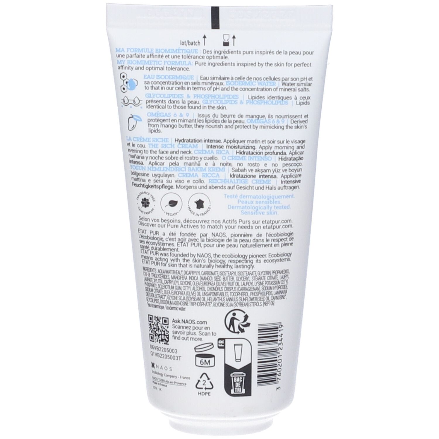 Retro di un tubo di crema. Testo multilingue. Informazioni sugli ingredienti e l'uso.