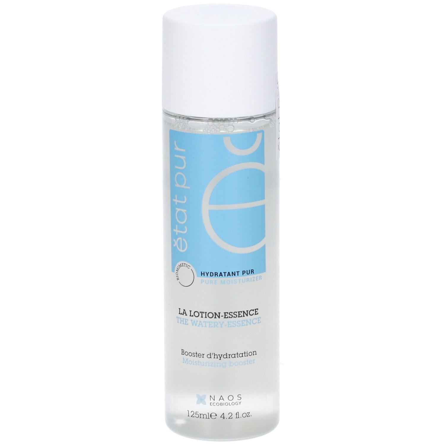 Flacone cilindrico con tappo bianco. Etichetta blu con testo: état pur, Hydratant pur, La Lotion-Essence, Booster d'hydratation. 125ml.