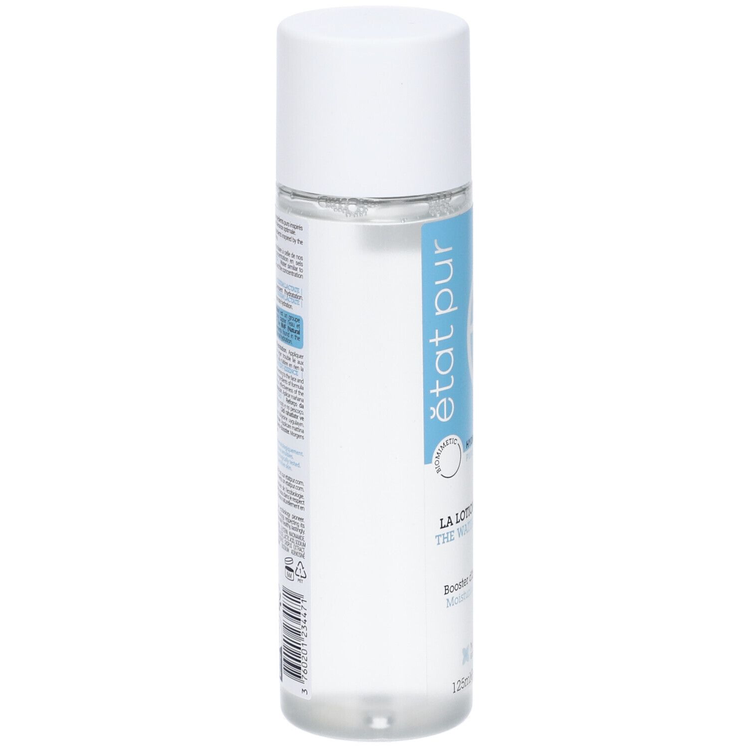 Flacone cilindrico con tappo bianco. Etichetta blu con testo: état pur, Hydratant pur, La Lotion-Essence, Booster d'hydratation. 125ml.