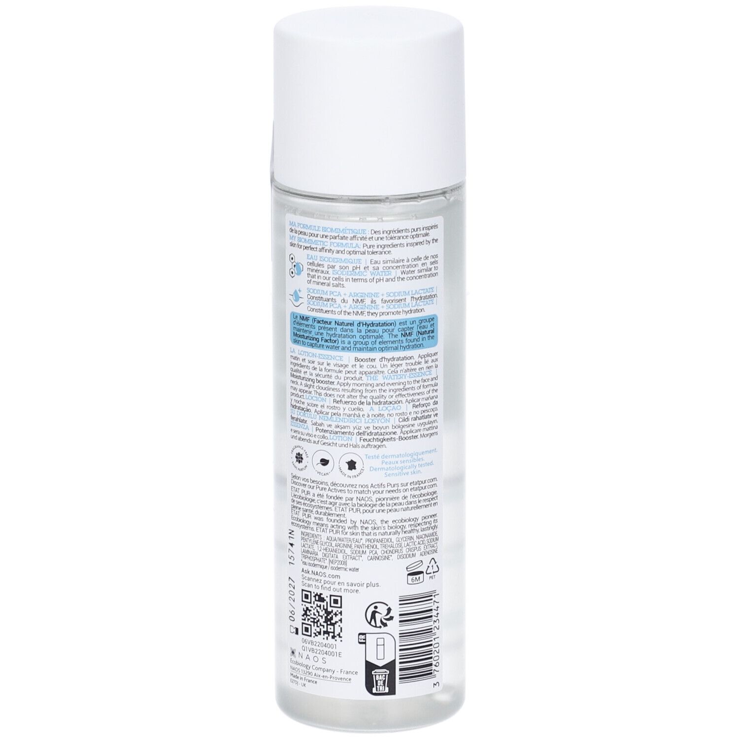 Flacone cilindrico con tappo bianco. Retro con testo e codice QR. état pur, Hydratant pur, La Lotion-Essence, Booster d'hydratation. 125ml.