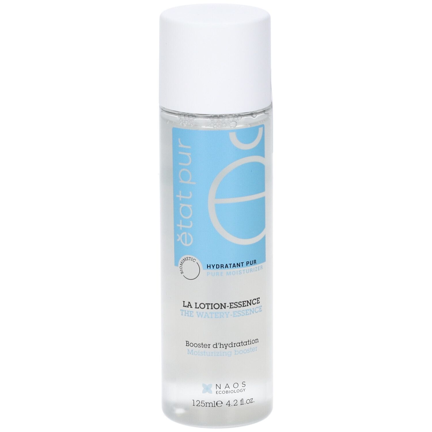 Flacone cilindrico con tappo bianco. Etichetta blu con testo: état pur, Hydratant pur, La Lotion-Essence, Booster d'hydratation. 125ml.