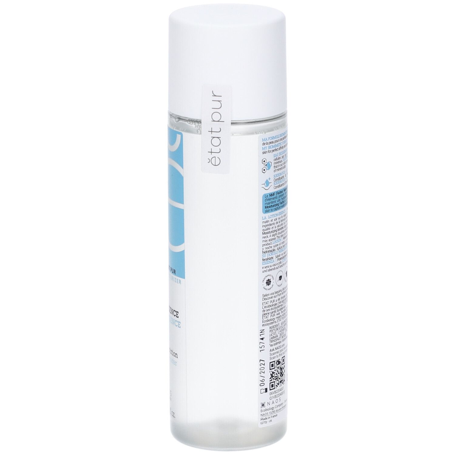 Flacone cilindrico con tappo bianco. Etichetta blu con testo: état pur, Hydratant pur, La Lotion-Essence, Booster d'hydratation. 125ml.