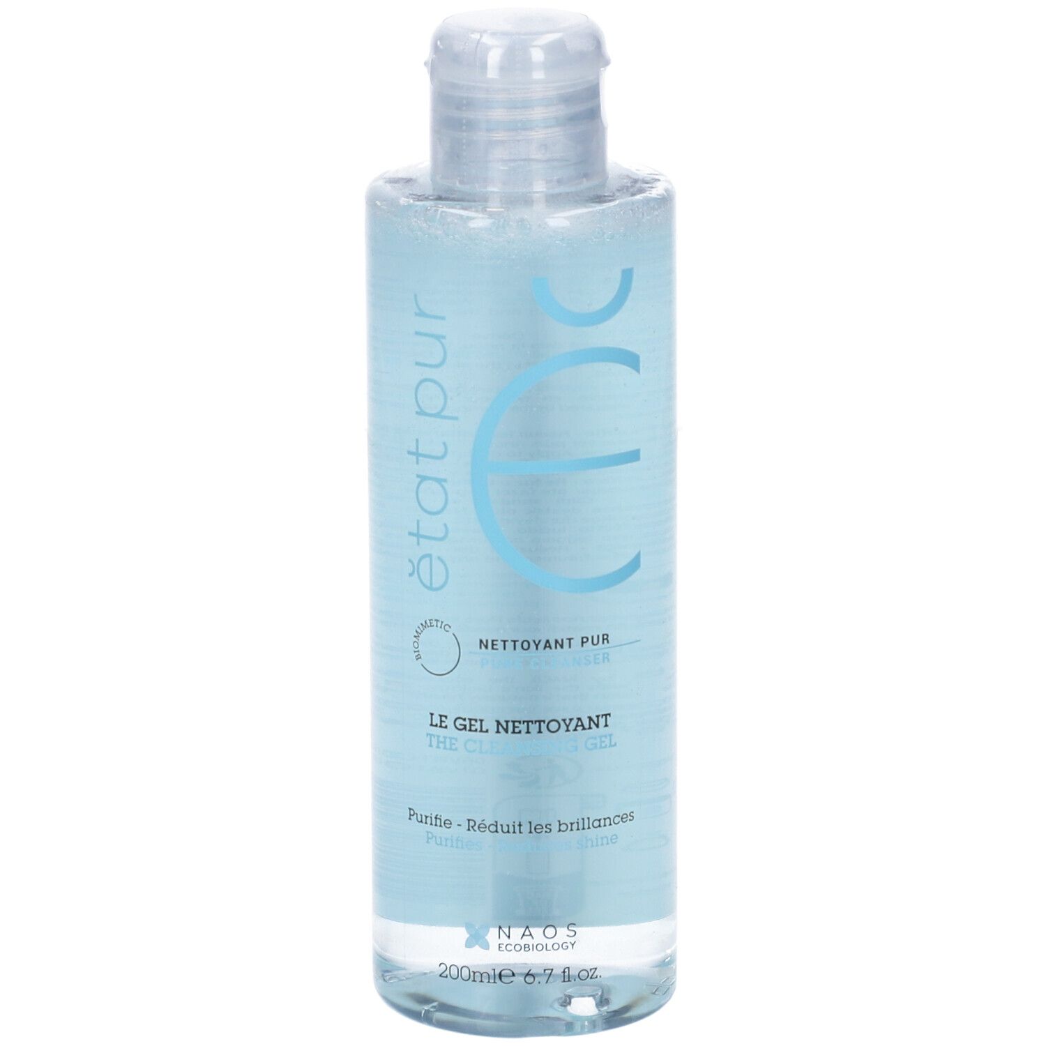 Flacone azzurro chiaro con tappo bianco. Scritta: état pur, Le Gel Nettoyant. Liquido trasparente visibile.