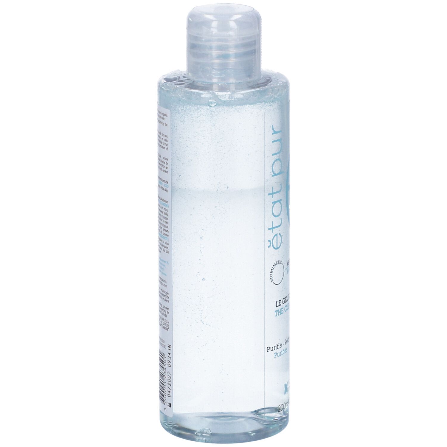Flacone azzurro chiaro con tappo bianco. Scritta: état pur, Le Gel Nettoyant. Liquido trasparente visibile.