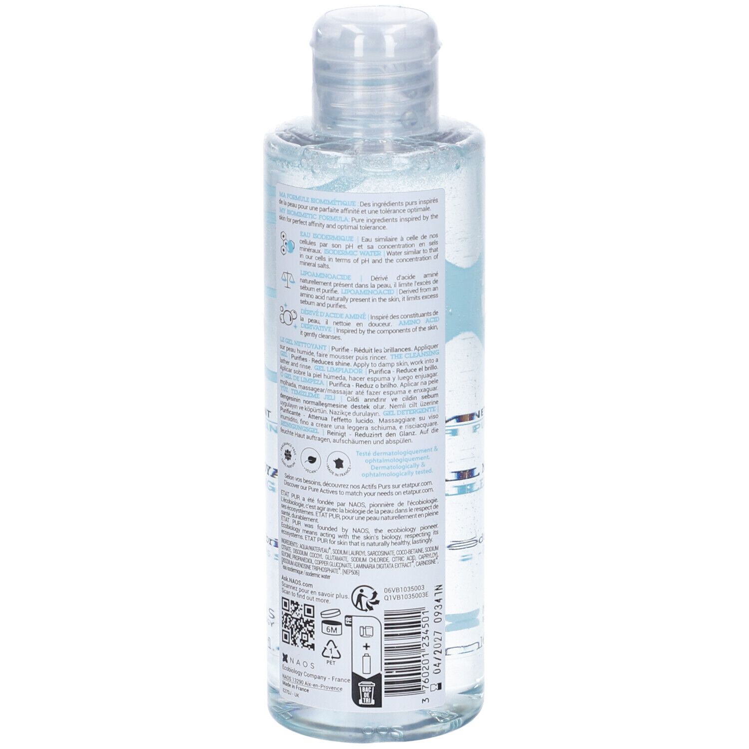 Flacone azzurro chiaro con tappo bianco. Retro con testo e simboli. Liquido trasparente visibile.