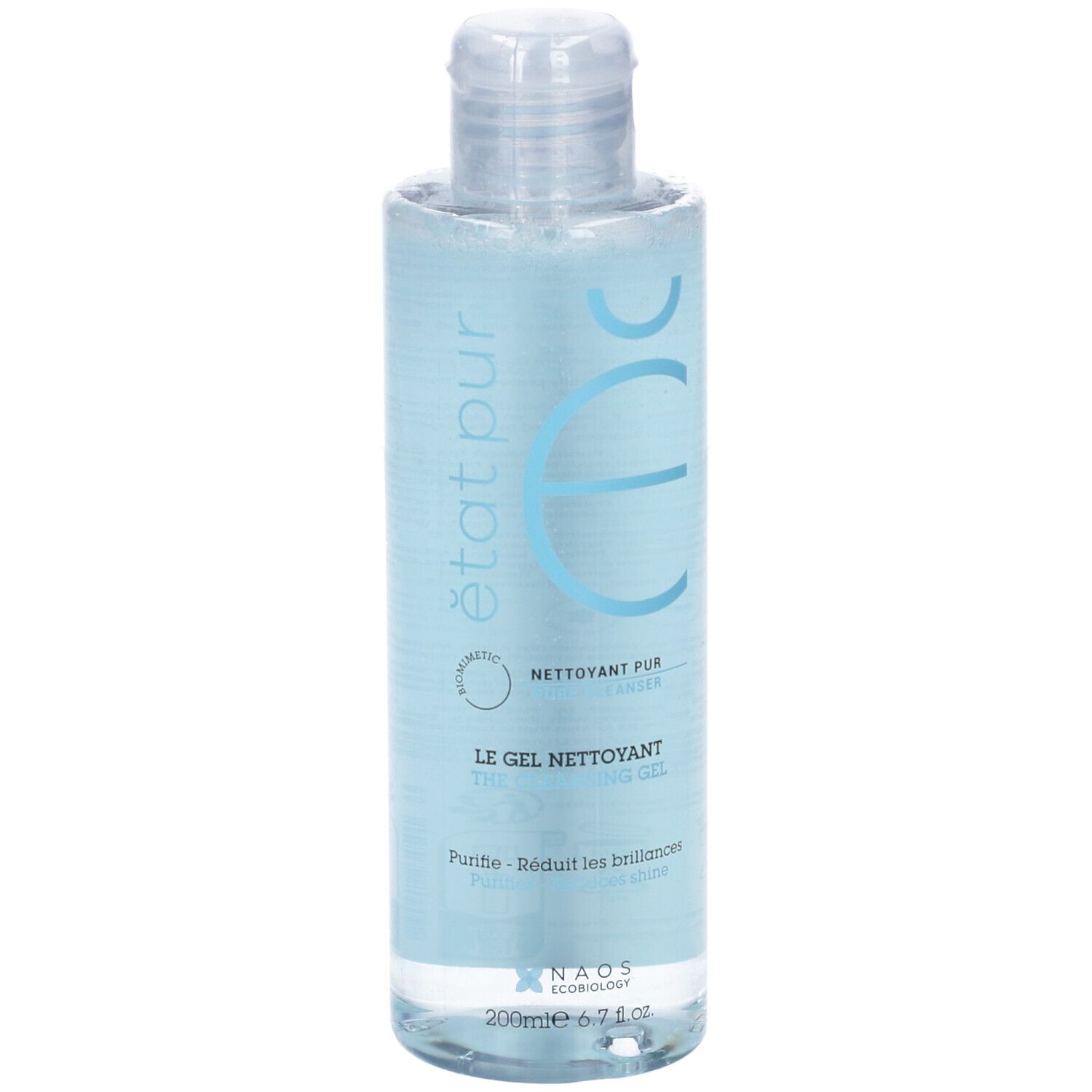 Flacone azzurro chiaro con tappo bianco. Scritta: état pur, Le Gel Nettoyant. Liquido trasparente visibile.