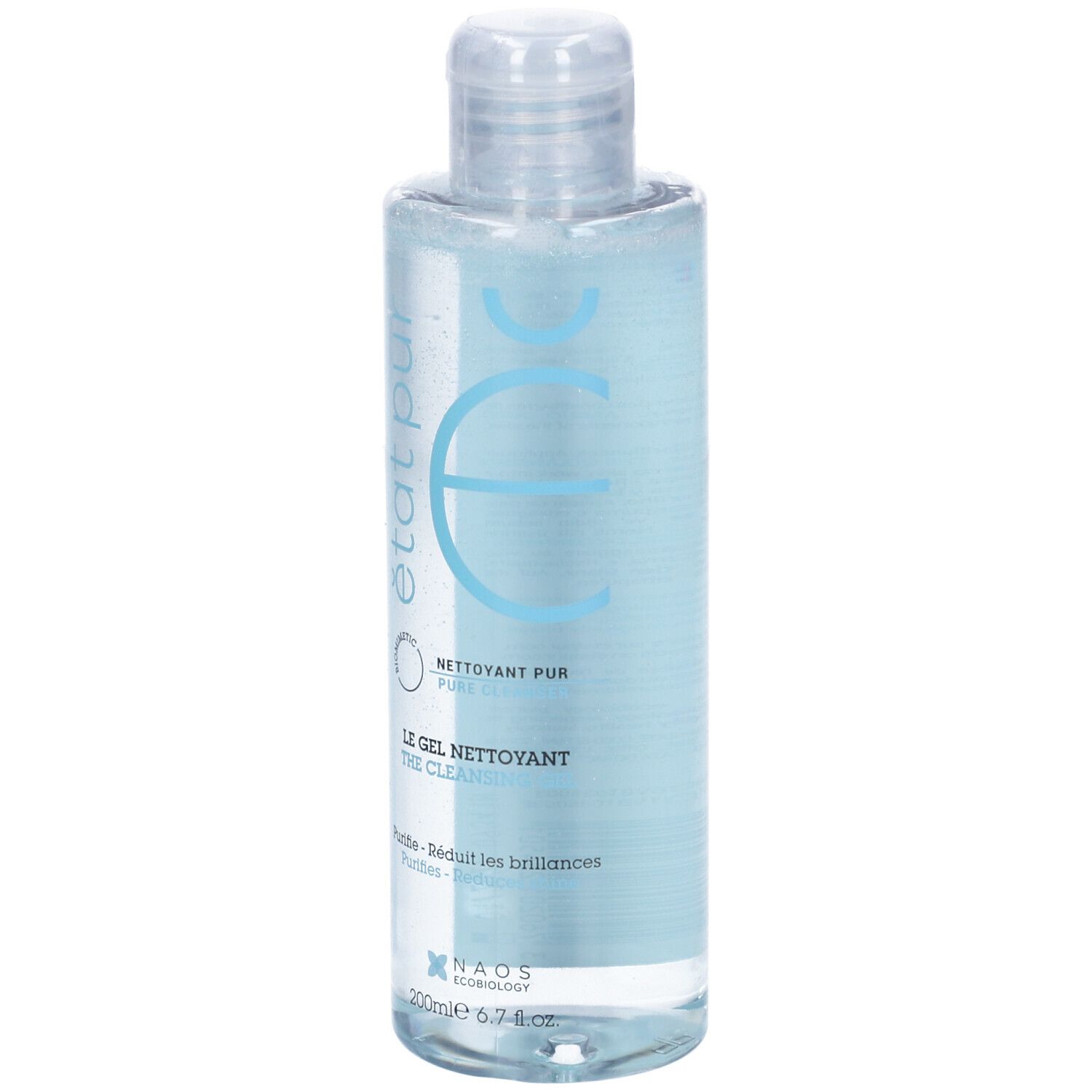 Flacone azzurro chiaro con tappo bianco. Scritta: état pur, Le Gel Nettoyant. Liquido trasparente visibile.