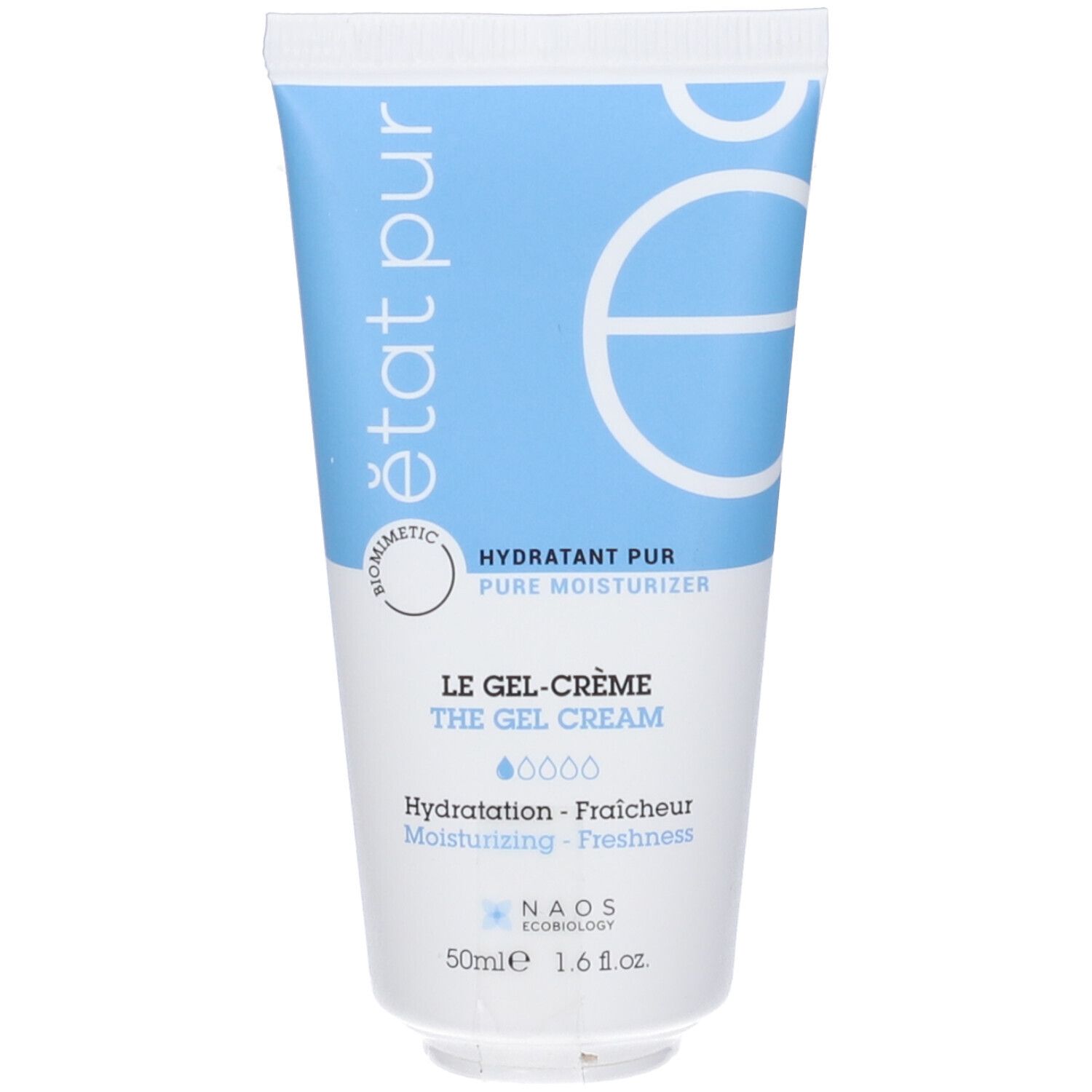Tubo blu e bianco. Etat Pur, Le Gel-Crème, Pure Moisturizer. Testo in francese e inglese. 50ml.