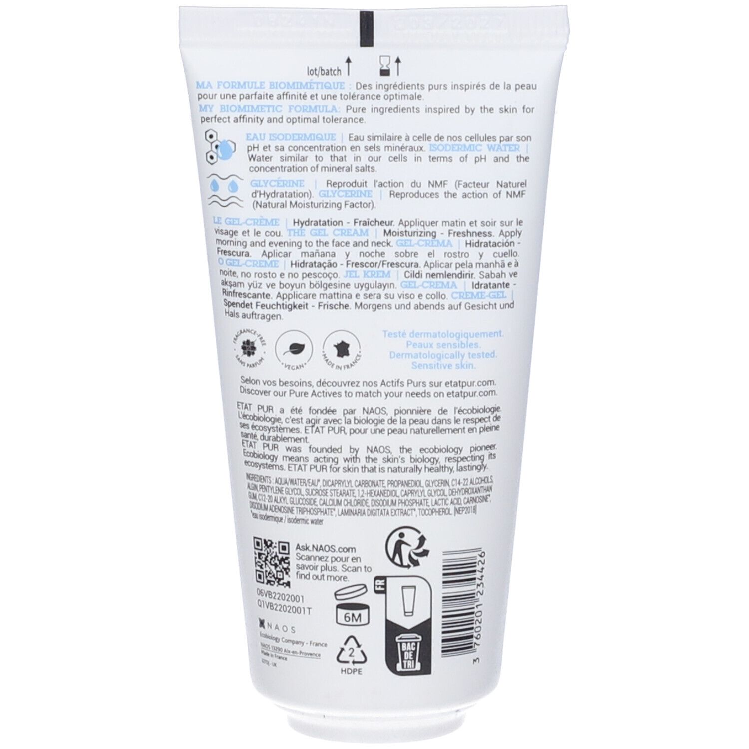 Retro di un tubo. Testo multilingue. Ingredienti, istruzioni per l'uso, codice QR, simbolo di riciclaggio.