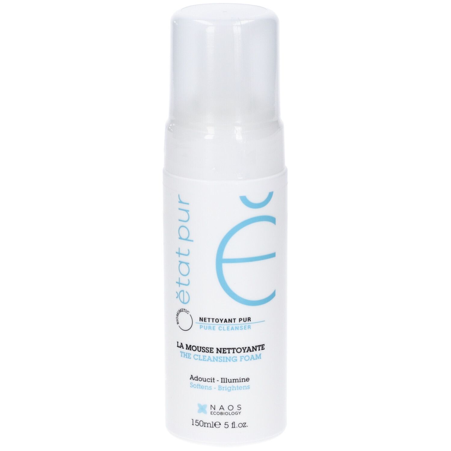 Flacone bianco con erogatore a spruzzo. Scritte: état pur, NETTOYANT PUR, LA MOUSSE NETTOYANTE, Adoucit - Illumine. Elementi logo blu.