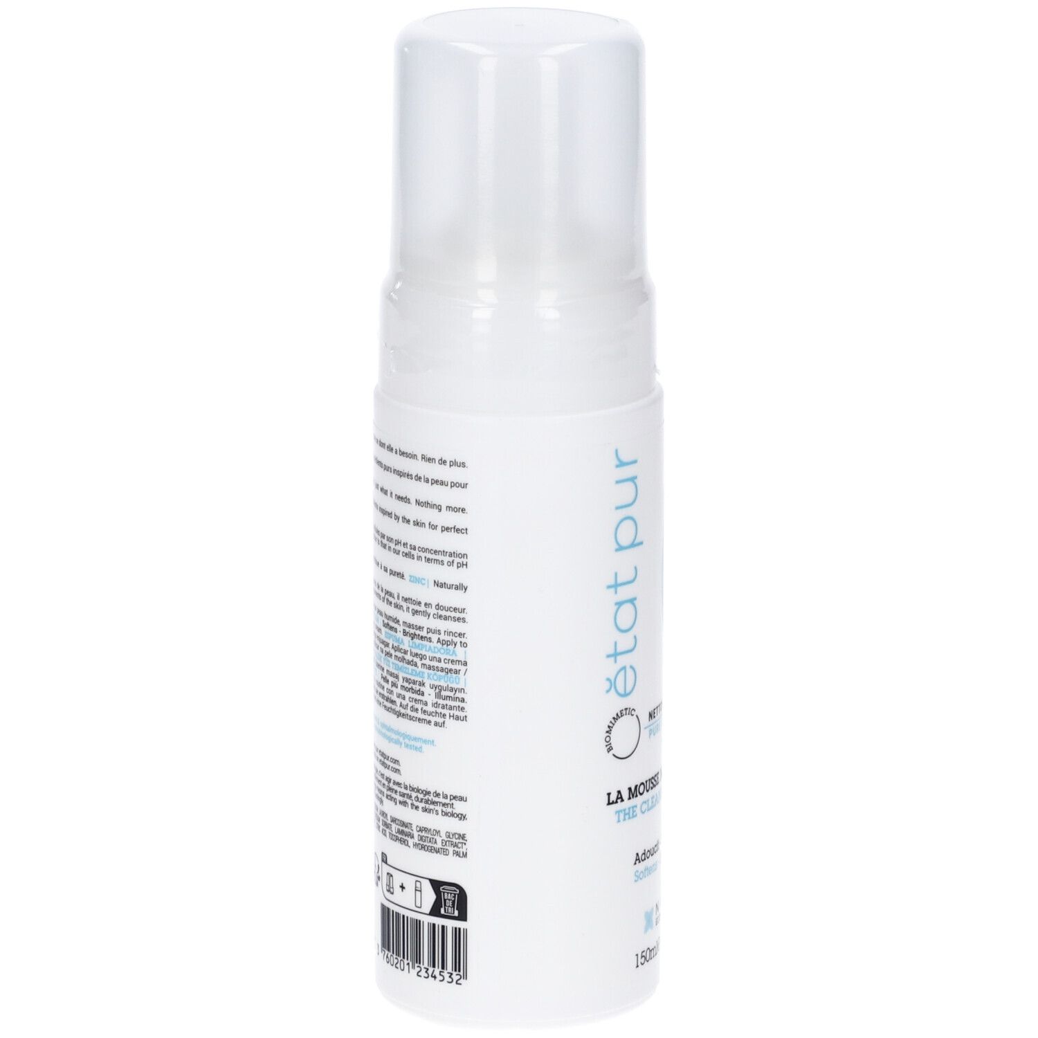 Flacone bianco con erogatore a spruzzo. Retro con testo e loghi. Scritte: état pur, NETTOYANT PUR, LA MOUSSE NETTOYANTE. Elementi logo blu.