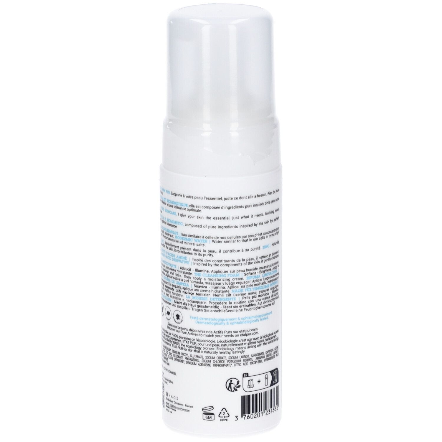 Flacone bianco con erogatore a spruzzo. Retro con testo e loghi. Scritte: état pur, NETTOYANT PUR, LA MOUSSE NETTOYANTE. Elementi logo blu.