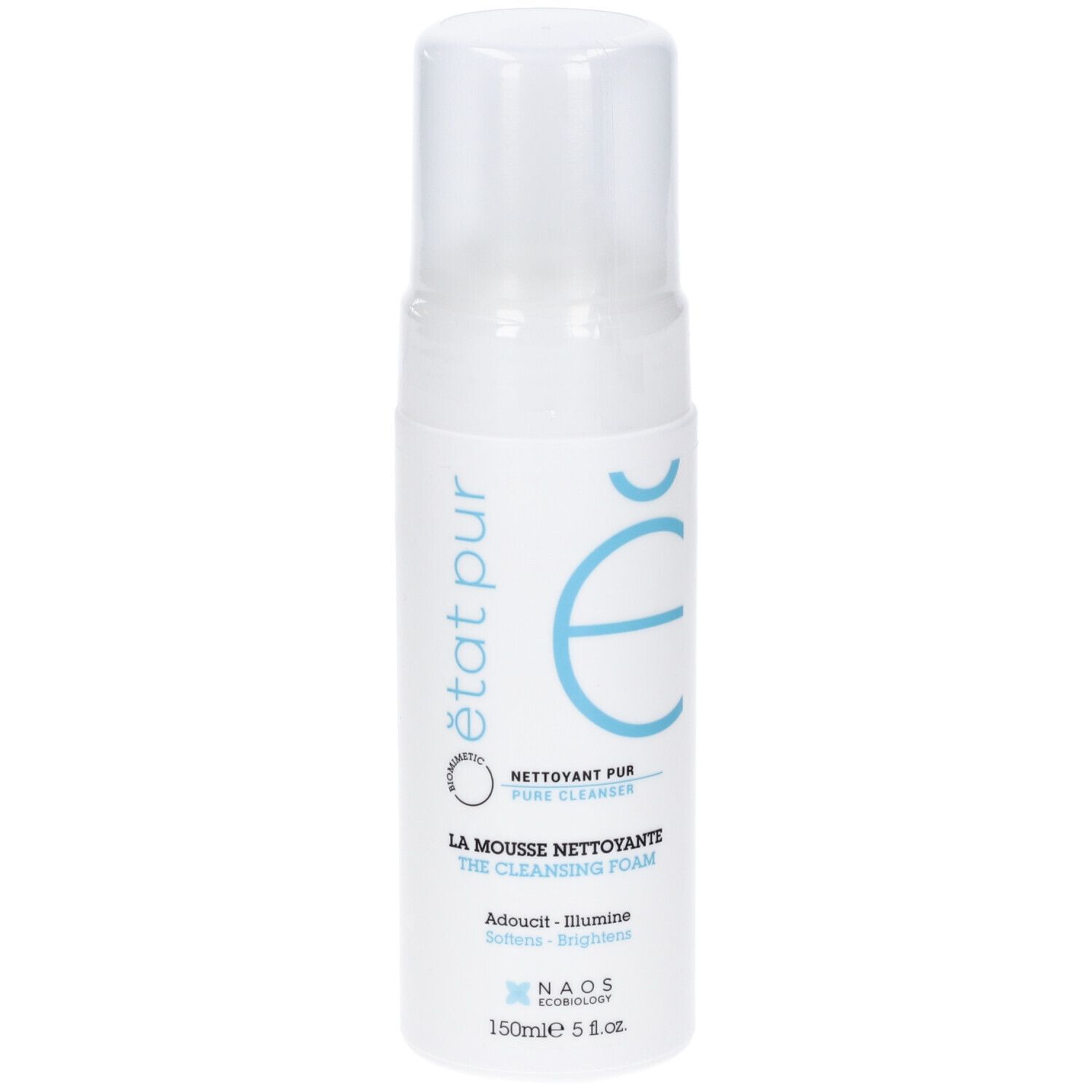 Flacone bianco con erogatore a spruzzo. Scritte: état pur, NETTOYANT PUR, LA MOUSSE NETTOYANTE, Adoucit - Illumine. Elementi logo blu.