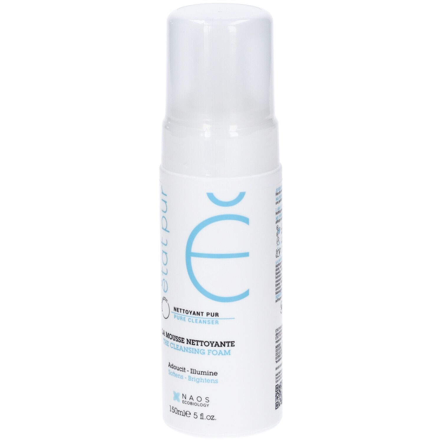 Flacone bianco con erogatore a spruzzo. Scritte: état pur, NETTOYANT PUR, LA MOUSSE NETTOYANTE, Adoucit - Illumine. Elementi logo blu.
